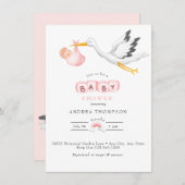 ストーク |水彩ベビーガールシャワー 招待状 (正面/裏面)