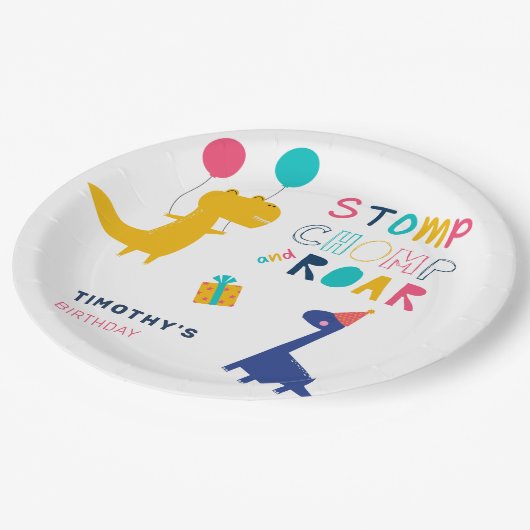 ストーピング感謝してい用の可愛い恐竜誕生日 ペーパープレート (アングル)