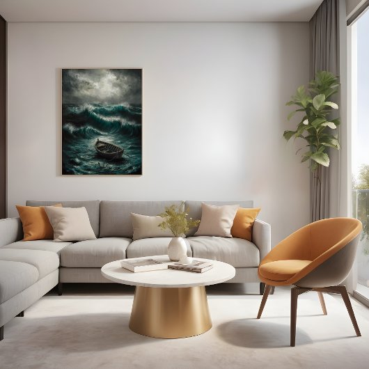 ストーミーウォーターに捨てられたボート海アート ポスター
