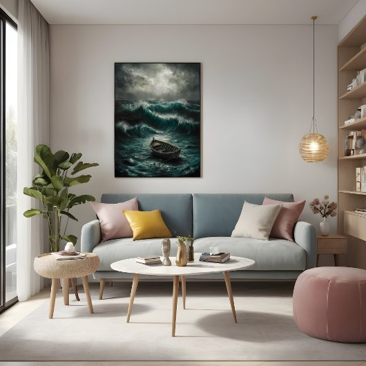 ストーミーウォーターに捨てられたボート海アート ポスター