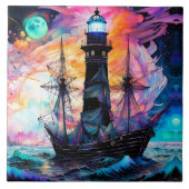 ストーミーシーズボートライトハウスムーン抽象芸術 タイル (正面)