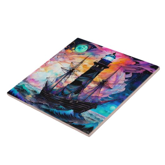 ストーミーシーズボートライトハウスムーン抽象芸術 タイル (側面)