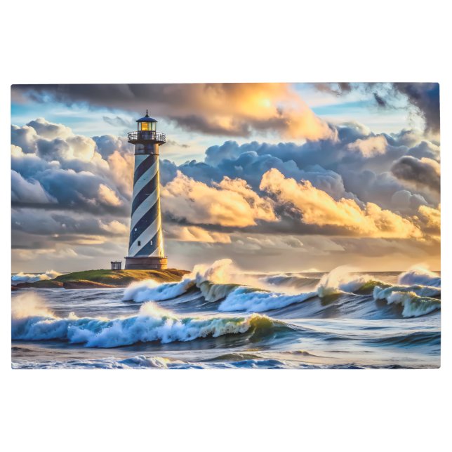 ストーミー波とドラマチックなライトハウスシースケープ メタルプリント (正面)