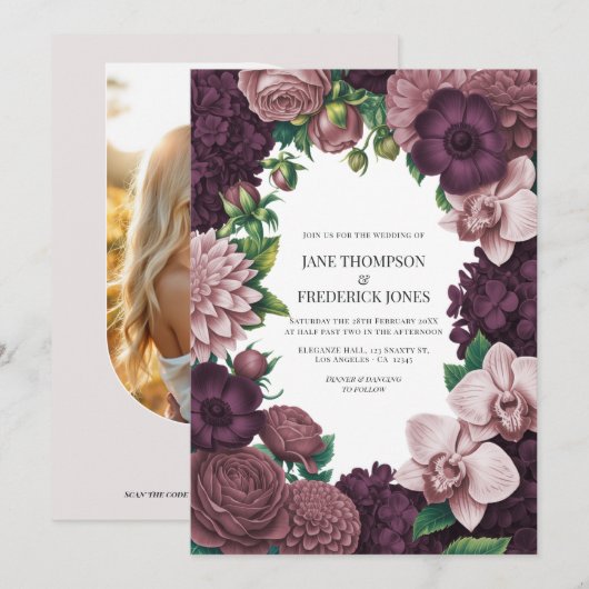 ストームプラム、グラファイトローズ、アンティークブラッシュの結婚式 招待状 (正面/裏面)