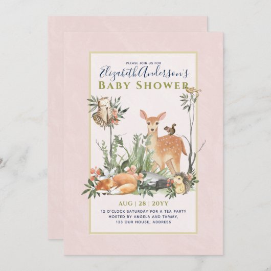 ストーリータイムウッドランド動物の森の赤ちゃんシャワーInvi 招待状 (正面/裏面)