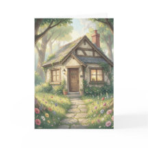 ストーリーブックの森の小屋グリーティングカード – 居心地の良い