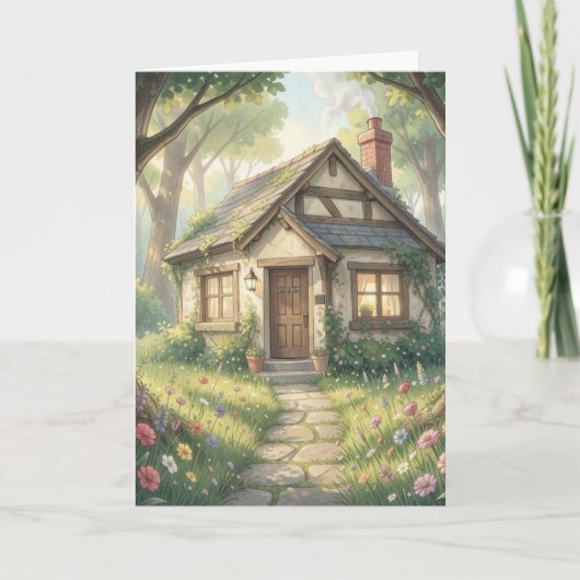 ストーリーブックの森の小屋グリーティングカード – 居心地の良い カード (正面)