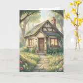 ストーリーブックの森の小屋グリーティングカード – 居心地の良い カード (黄色い花)