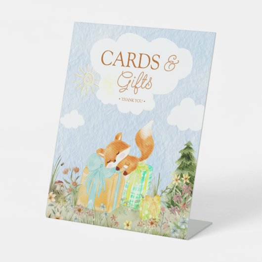 ストーリーブックウッドランドキツネ赤ちゃんシャワーカードとギフト 台座サイン (正面)