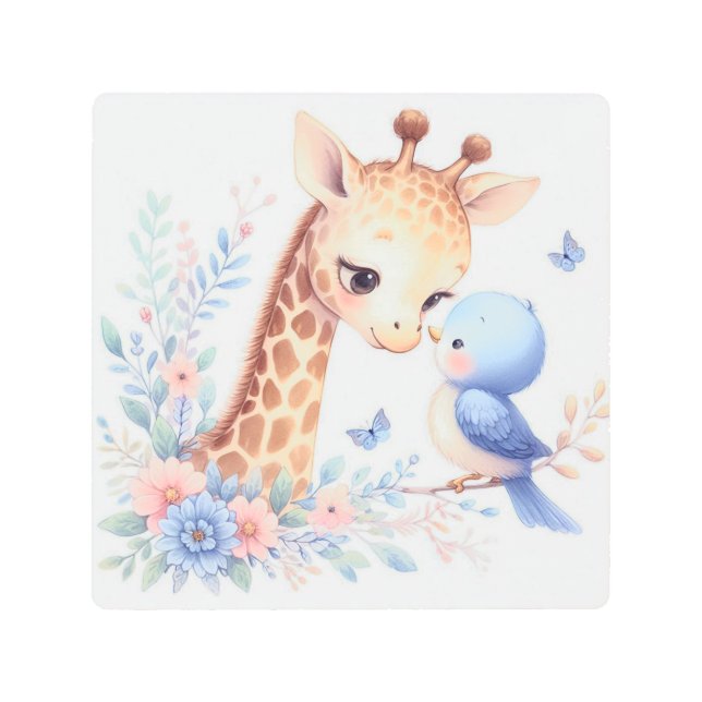 ストーリーブックウッドランドベビーズキリンとブルーバード メタルプリント (正面)