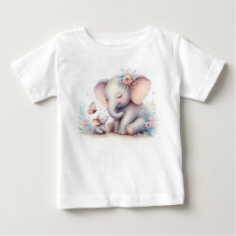 ストーリーブックウッドランドベビーゾウとベビー ベビーTシャツ