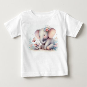 ストーリーブックウッドランドベビーゾウとベビー ベビーTシャツ
