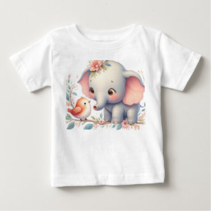 ストーリーブックウッドランドベビーゾウと鳥 ベビーTシャツ