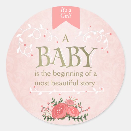 ストーリーブックガール赤ちゃんシャワーピンク金ゴールドシール ラウンドシール (正面)
