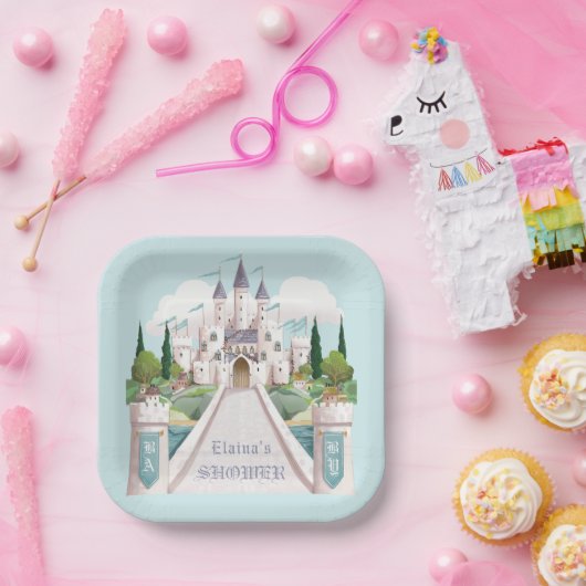 ストーリーブックキャッスル図解入りの、写真付きのブルーベビーシャワー ペーパープレート (パーティー)