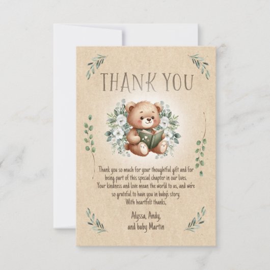 ストーリーブックテディベアセージtanヴィンテージベビーシャワー サンキューカード (正面)