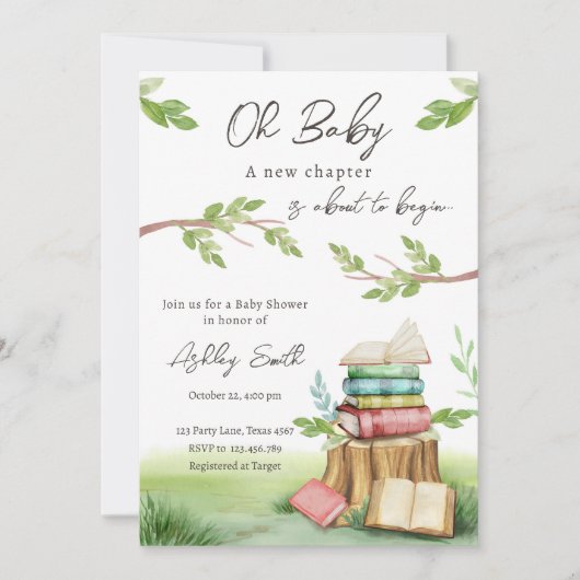 ストーリーブックニューチャプターブックブックベビーシャワー 招待状 (正面)