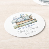 ストーリーブックニューチャプターブルーボウ男の赤ちゃんシャワー ラウンドペーパーコースター (アングル)