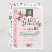 ストーリーブックピンクフローラガールベビーシャワー 招待状 (正面/裏面)