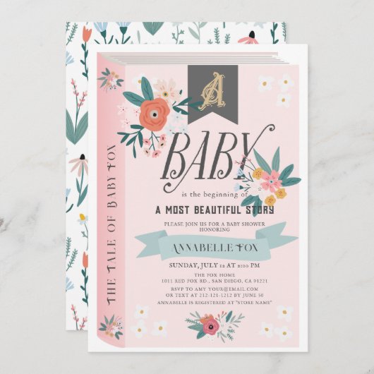 ストーリーブックピンクフローラガールベビーシャワー 招待状 (正面/裏面)