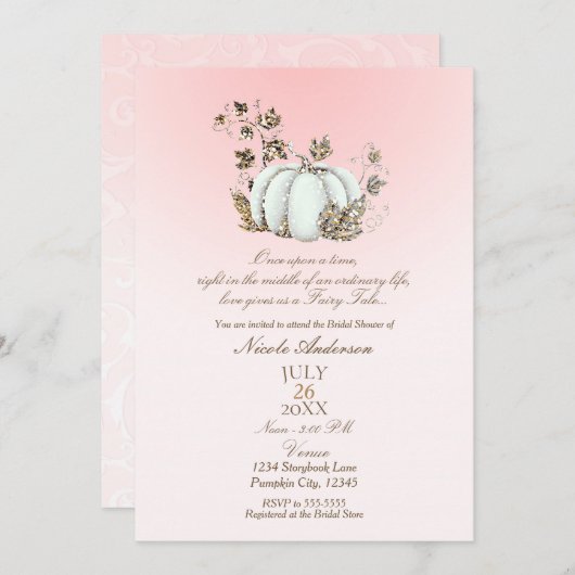 ストーリーブックピンクホワイトパンプキンフェアリーブライダル 招待状 (正面/裏面)