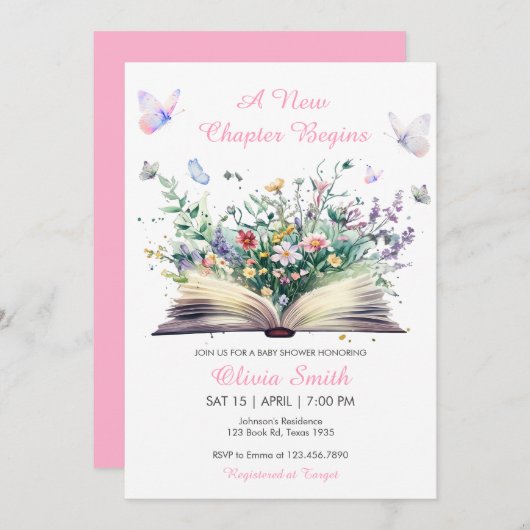 ストーリーブックフローラピンク新しいチャプター赤ちゃんシャワー 招待状 (正面/裏面)