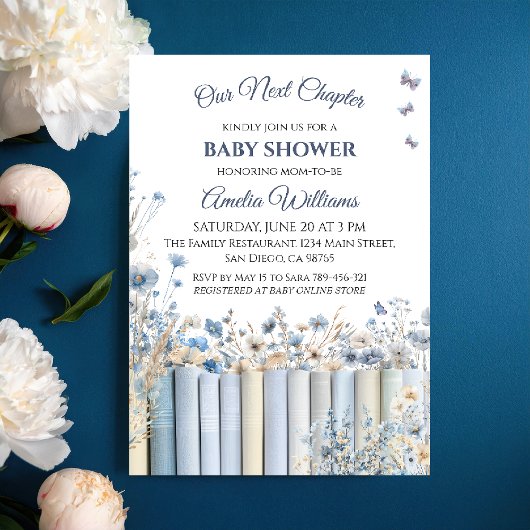 ストーリーブックフローラブルーヴィンテージブックベビーシャワー 招待状