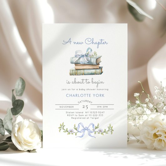 ストーリーブックブルーボウ新しいチャプター男の赤ちゃんシャワー 招待状