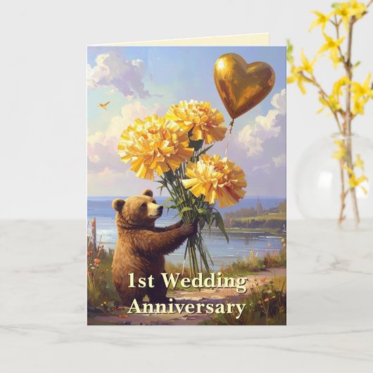 ストーリーブックベア&ハート結婚1周年記念 カード (黄色い花)