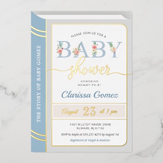 ストーリーブックライブラリ男の赤ちゃんシャワーブルー金ゴールド 箔招待状 (正面)