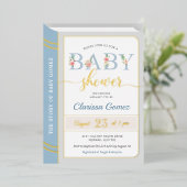 ストーリーブックライブラリ男の赤ちゃんシャワーブルー金ゴールド 箔招待状 (立ち正面)