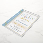 ストーリーブックライブラリ男の赤ちゃんシャワーブルー金ゴールド 箔招待状 (回転した状態)