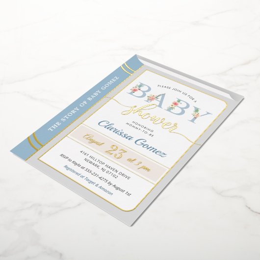 ストーリーブックライブラリ男の赤ちゃんシャワーブルー金ゴールド 箔招待状 (回転した状態)