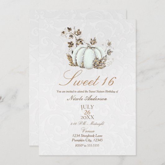 ストーリーブック金ゴールドホワイトパンプキンフェアリー物語甘い16 招待状 (正面/裏面)