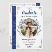 ストーリーブック開花卒業フォトカード王室の（青） 招待状 (正面/裏面)