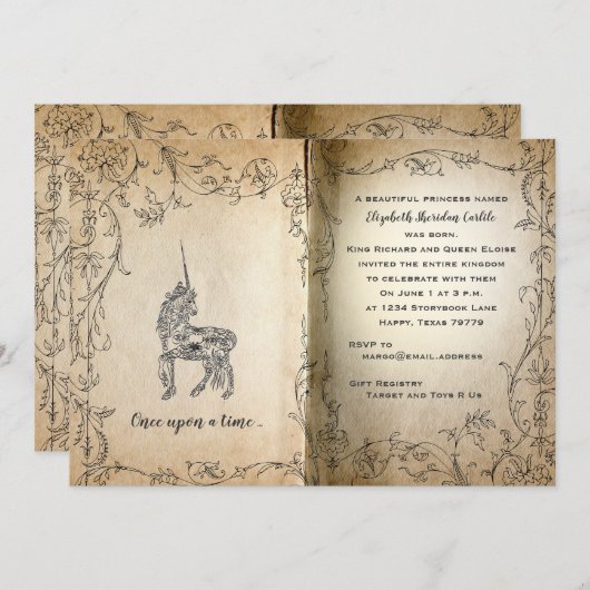 ストーリーブック·パーフェクト·ユニコーン·ベビー·ガール·シャワー 招待状 (正面/裏面)