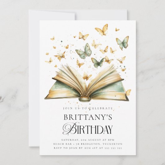 ストーリーブック&蝶の水彩誕生日パーティー 招待状 (正面)