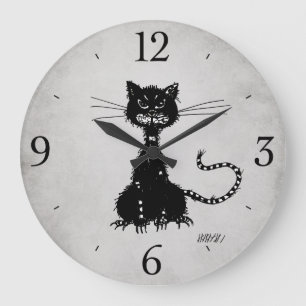 ストーングレーのぼろぼろの邪悪な黒猫 ラージ壁時計
