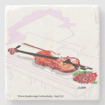 ストーンコースター：ピアノ、バラ付きバイオリン