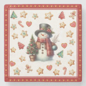 ストーン コースター 雪だるまとクリスマス クッキー 赤 (正面)