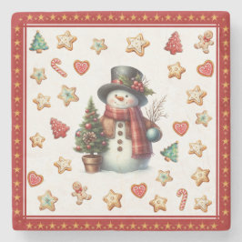 ストーン コースター 雪だるまとクリスマス クッキー 赤