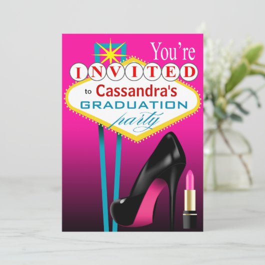 ストilettoと口紅のラスベガスパーティー フューシャ 招待状 (スタンド正面)