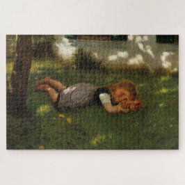 スナックタイム（草の上に横たわる甘い若い女の子） ジグソーパズル