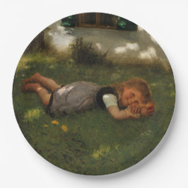 スナックタイム（草の上に横たわる甘い若い女の子） ペーパープレート