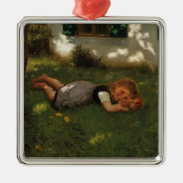 スナックタイム（草の上に横たわる甘い若い女の子） メタルオーナメント