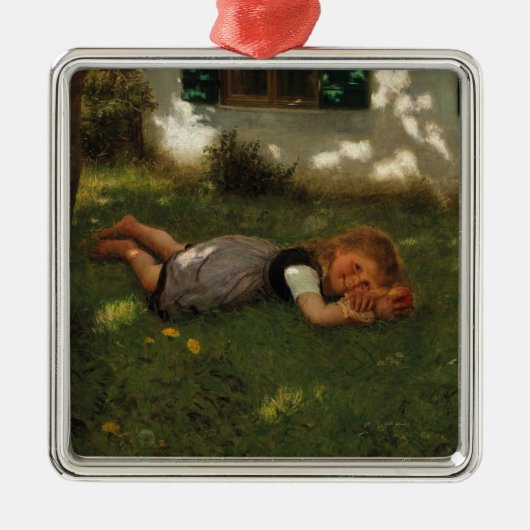 スナックタイム（草の上に横たわる甘い若い女の子） メタルオーナメント (正面)