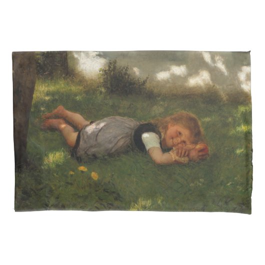 スナックタイム（草の上に横たわる甘い若い女の子） 枕カバー (正面左)
