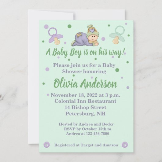 スナッグル男の赤ちゃん – 緑と紫のベビーシャワー 招待状 (正面)
