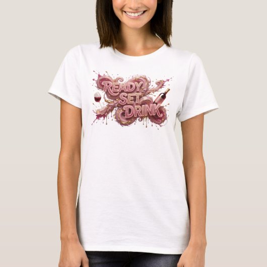 スナッピー ピンク READY SET DRINK テキストデザイン Tシャツ (正面)