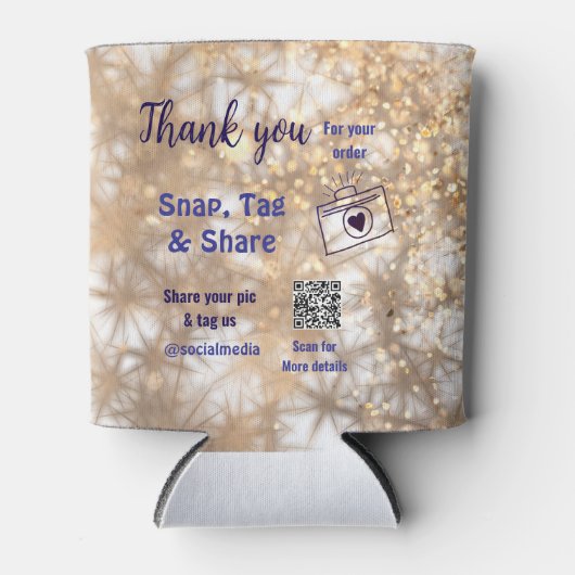 スナップラベル共有ソーシャルメディアq rコードグリッター金ゴールド 缶クーラー (正面)